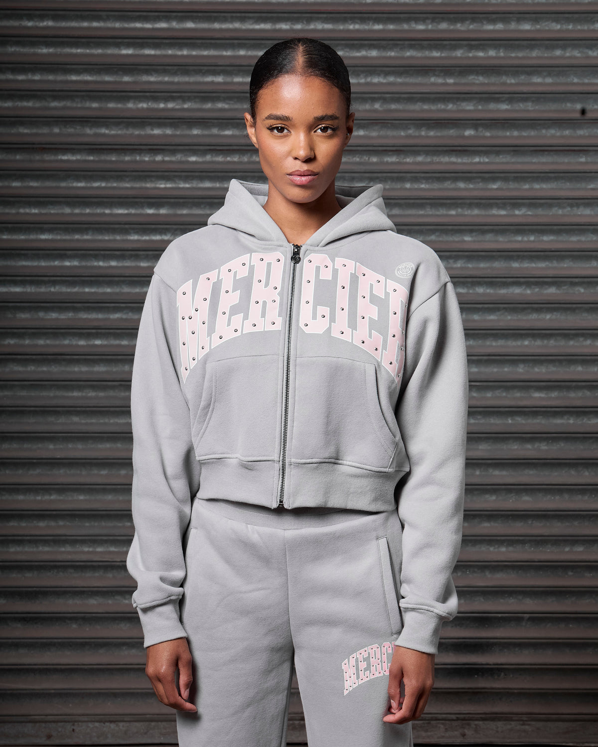 Womens Studded Zip Hoodie Grey, image 3