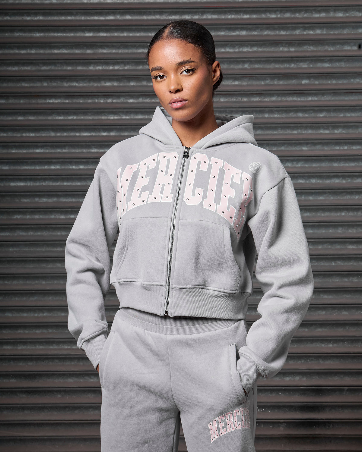 Womens Studded Zip Hoodie Grey, image 5