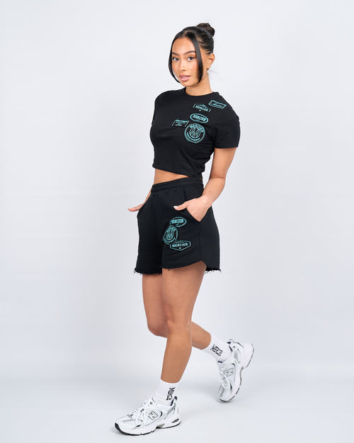 Womens Black Tiffany OG Badge Raw Edge Short