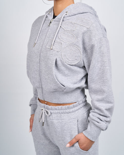 Womens Grey Marl OG Badge Raw Cropped Hoodie