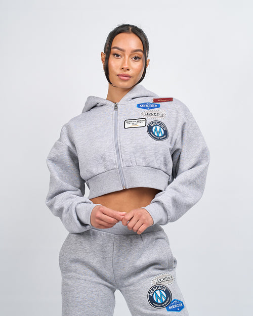 Frauen Grau Marl OG Abzeichen Crop Hoodie mit Reiß verschluss