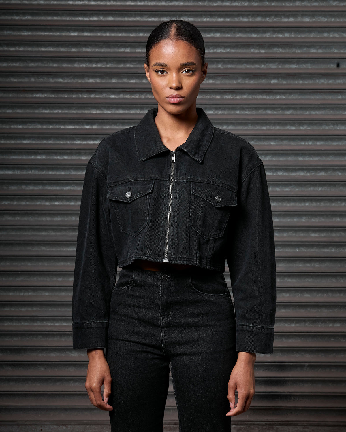 Womens Denim Jacket Black Red, image 1