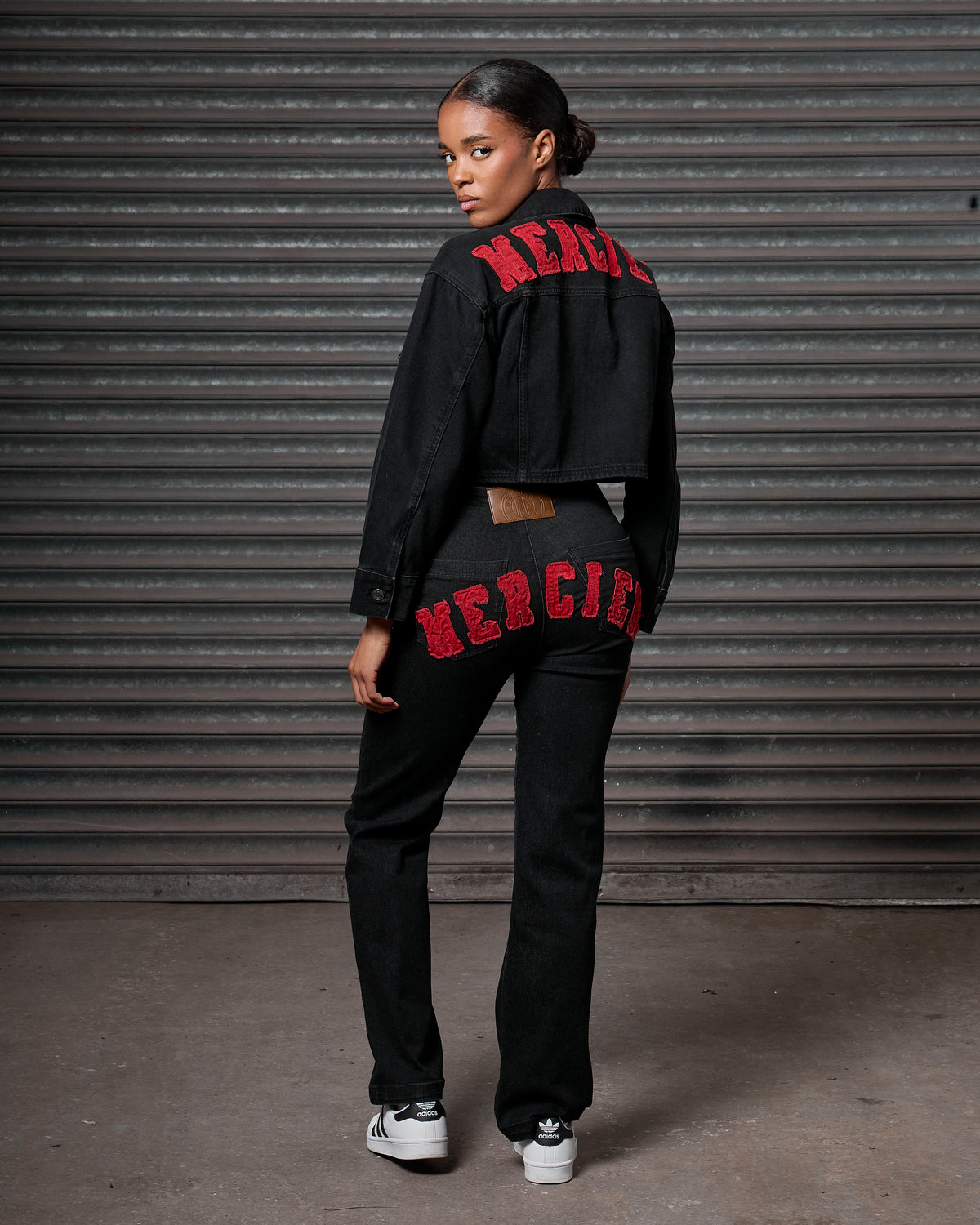 Womens Denim Jacket Black Red, image 4
