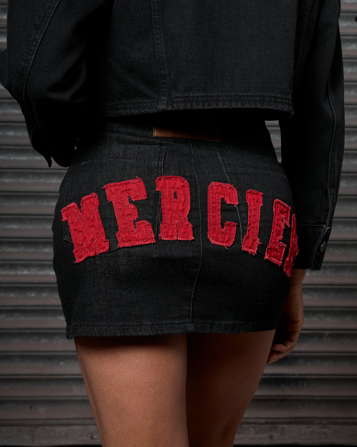 Womens Denim Mini Skirt Black Red, image 1