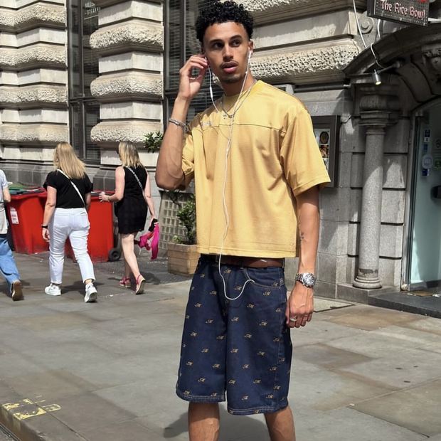 Community fit: sand Mercier tee worn with printed shorts